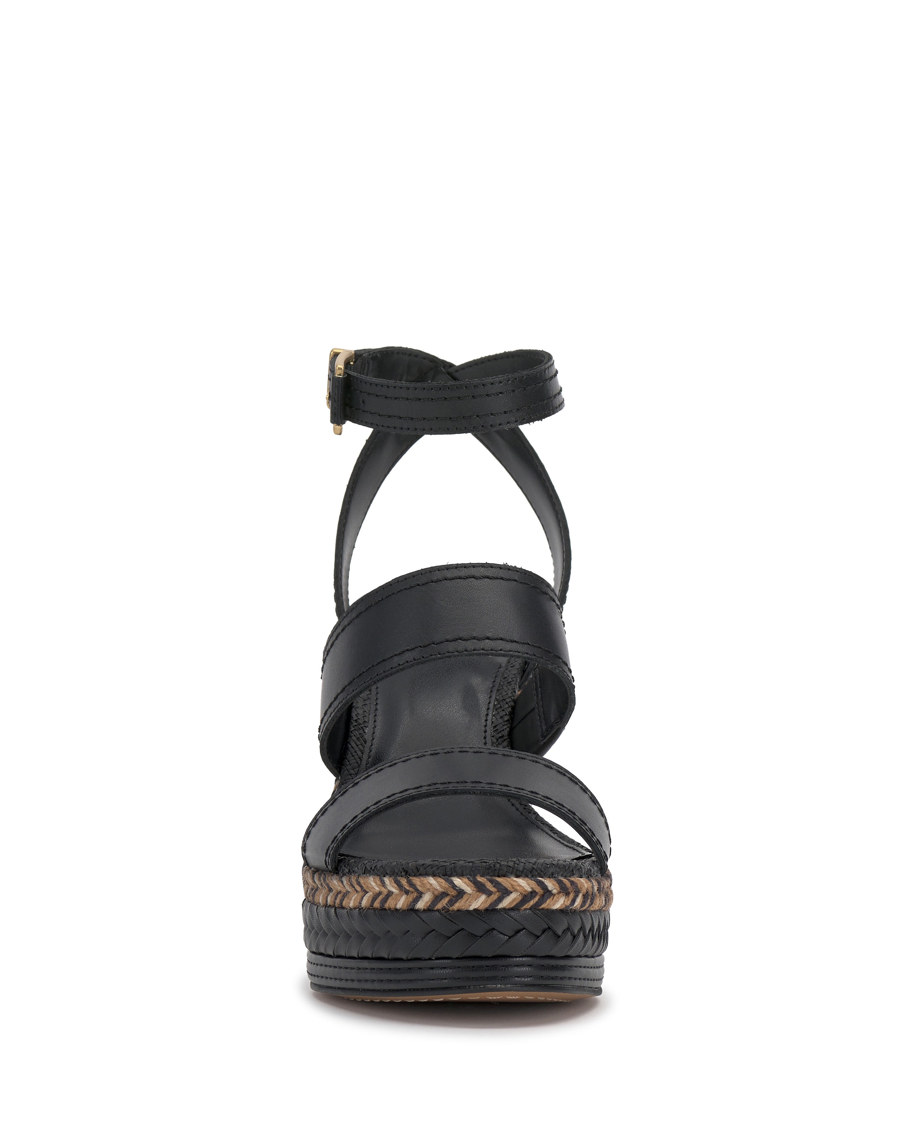 The Vince Camuto Esmia Espadrille Wedge Sandal features black crisscross front straps, an ankle strap, and a braided platform espadrille heel, shown from the front on a white background.