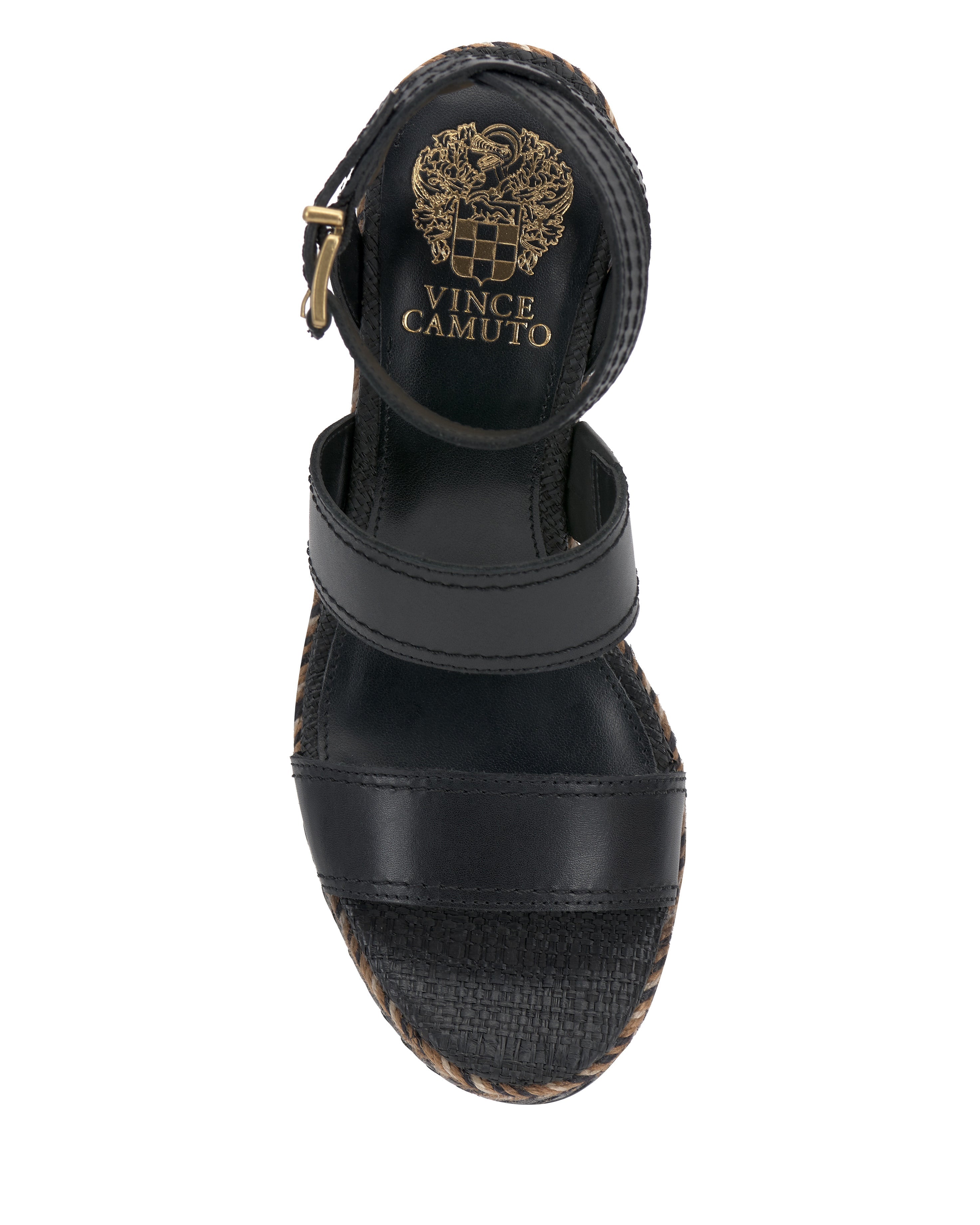 Top view of the Vince Camuto Esmia Espadrille Wedge Sandal in black, featuring two foot straps, an ankle strap with a gold buckle, a braided espadrille platform trim, and the brand logo on the insole.