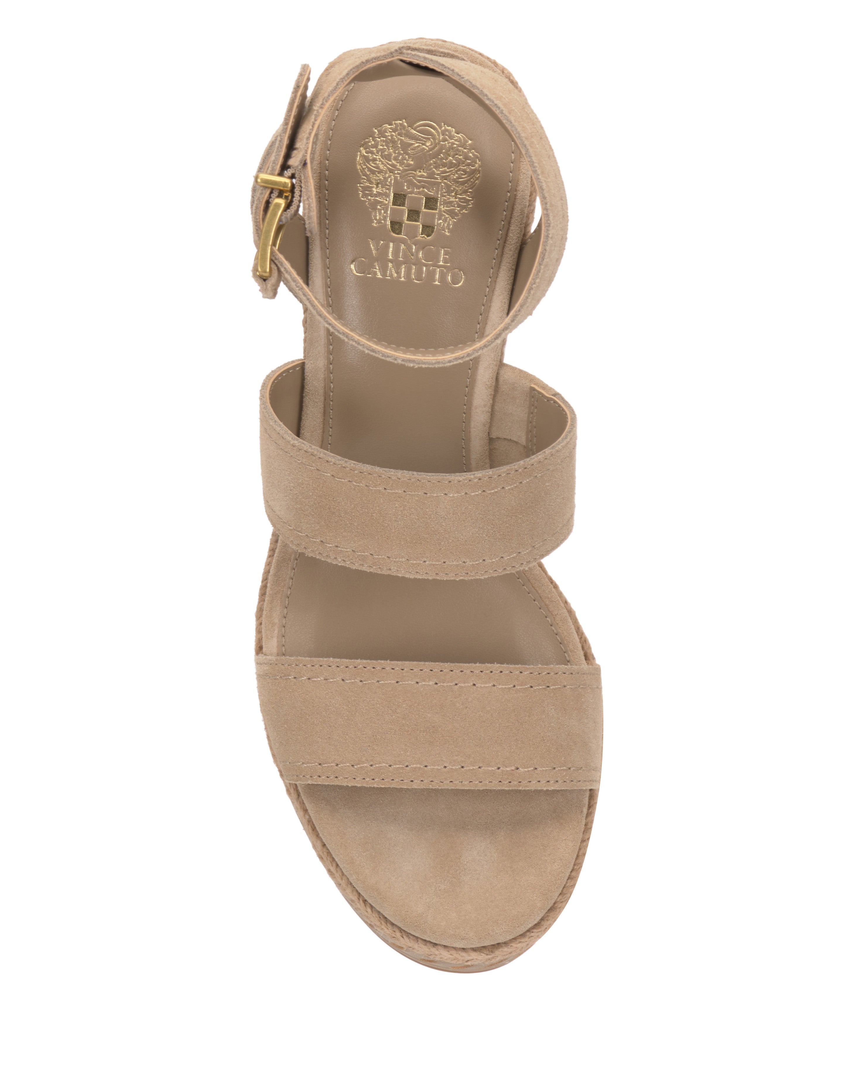Top view of Vince Camuto's Esmia Espadrille Wedge Sandal in beige suede, featuring two wide straps, a gold-buckled ankle strap, gold Vince Camuto logo on the insole, and a braided espadrille wedge heel for added style.