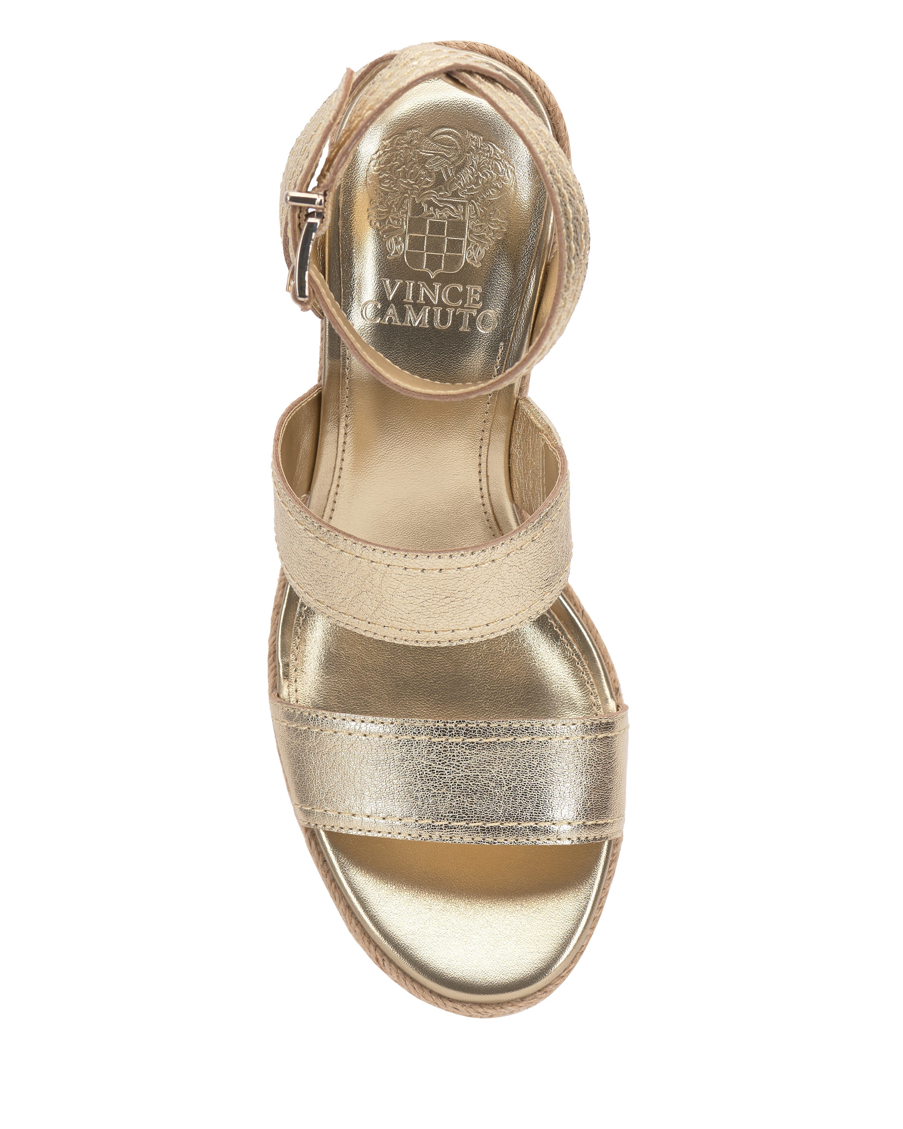 Top view of the Vince Camuto Esmia Espadrille Wedge Sandal in gold metallic, featuring an espadrille heel, ankle strap with buckle, two horizontal foot straps, and the Vince Camuto logo on the insole.