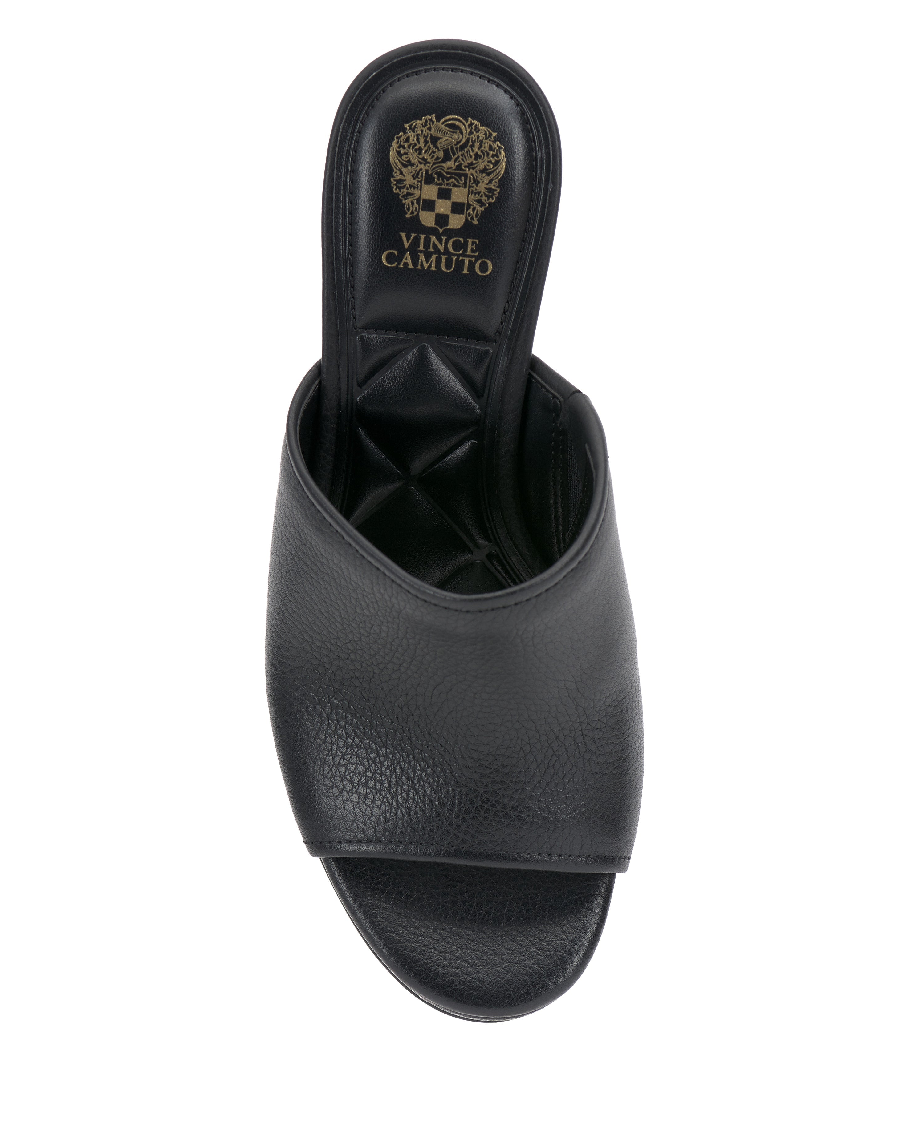 The Etta Wedge Sandal by Vince Camuto is a black open-toe mule with a single textured leather band, cushioned insole, and stylish wedge heel, shown from above.
