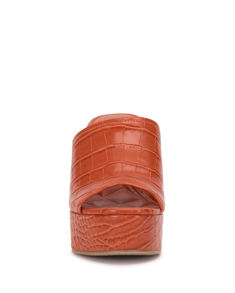Front view of the Vince Camuto Etta Wedge Sandal, showcasing an orange Y2K-inspired faux crocodile texture with a single banded upper and open toe design.
