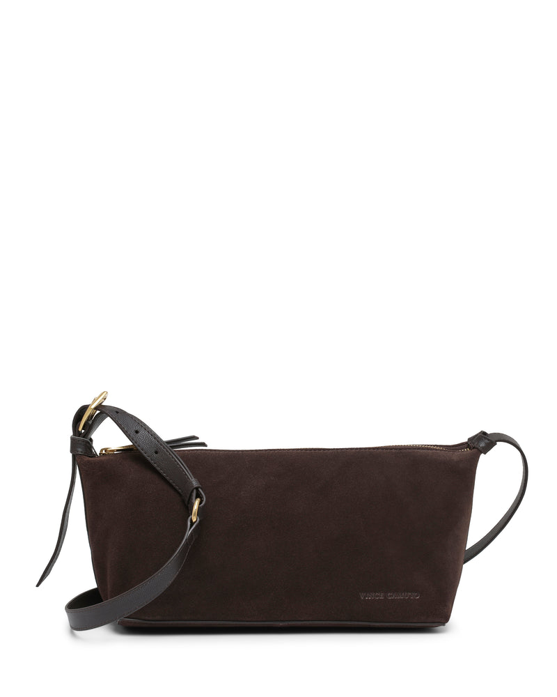 The Faey Shoulder Bag by Vince Camuto is crafted from dark brown suede, featuring a black adjustable leather strap and gold hardware, and is displayed against a white background.