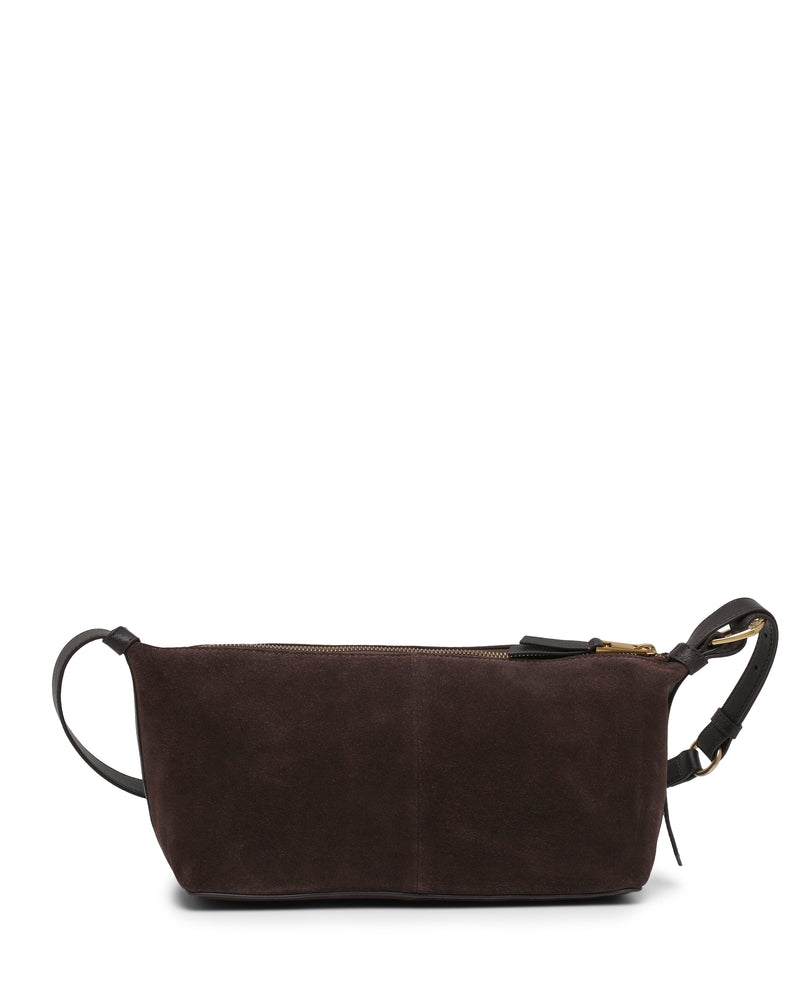The Faey Shoulder Bag by Vince Camuto is a dark brown suede crossbody featuring a zipper closure, small side handles, and a black adjustable strap, displayed against a white background.