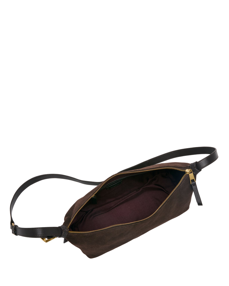 The Faey Shoulder Bag by Vince Camuto is pictured unzipped, displaying its simple, spacious interior lined with dark fabric. This brown suede crossbody features a contrasting black leather strap.