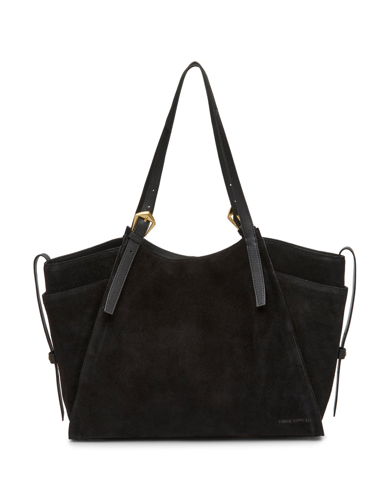 Introducing the Vince Camuto Faey Tote Bag—a black suede tote featuring side pockets, adjustable double handles with gold buckles, and discreet Vince Camuto branding on the lower right corner.