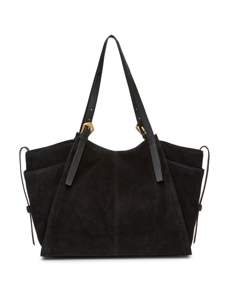 The Faey Tote Bag by Vince Camuto is a large black suede tote featuring two leather shoulder straps, gold-tone hardware, and convenient side pockets. With its structured yet slouchy silhouette, it’s perfect for everyday use.