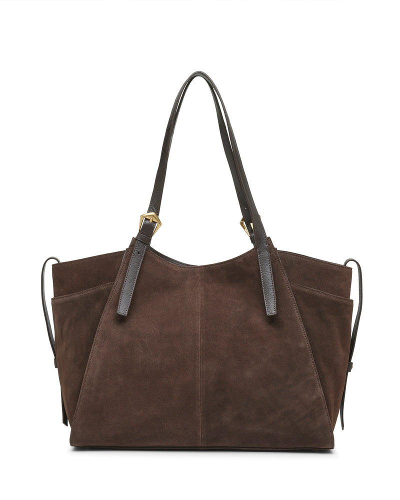The Vince Camuto Faey Tote Bag showcases a sophisticated brown suede design with black leather straps and gold hardware, side pockets, and a spacious, structured silhouette—making it the perfect versatile accessory for any occasion.