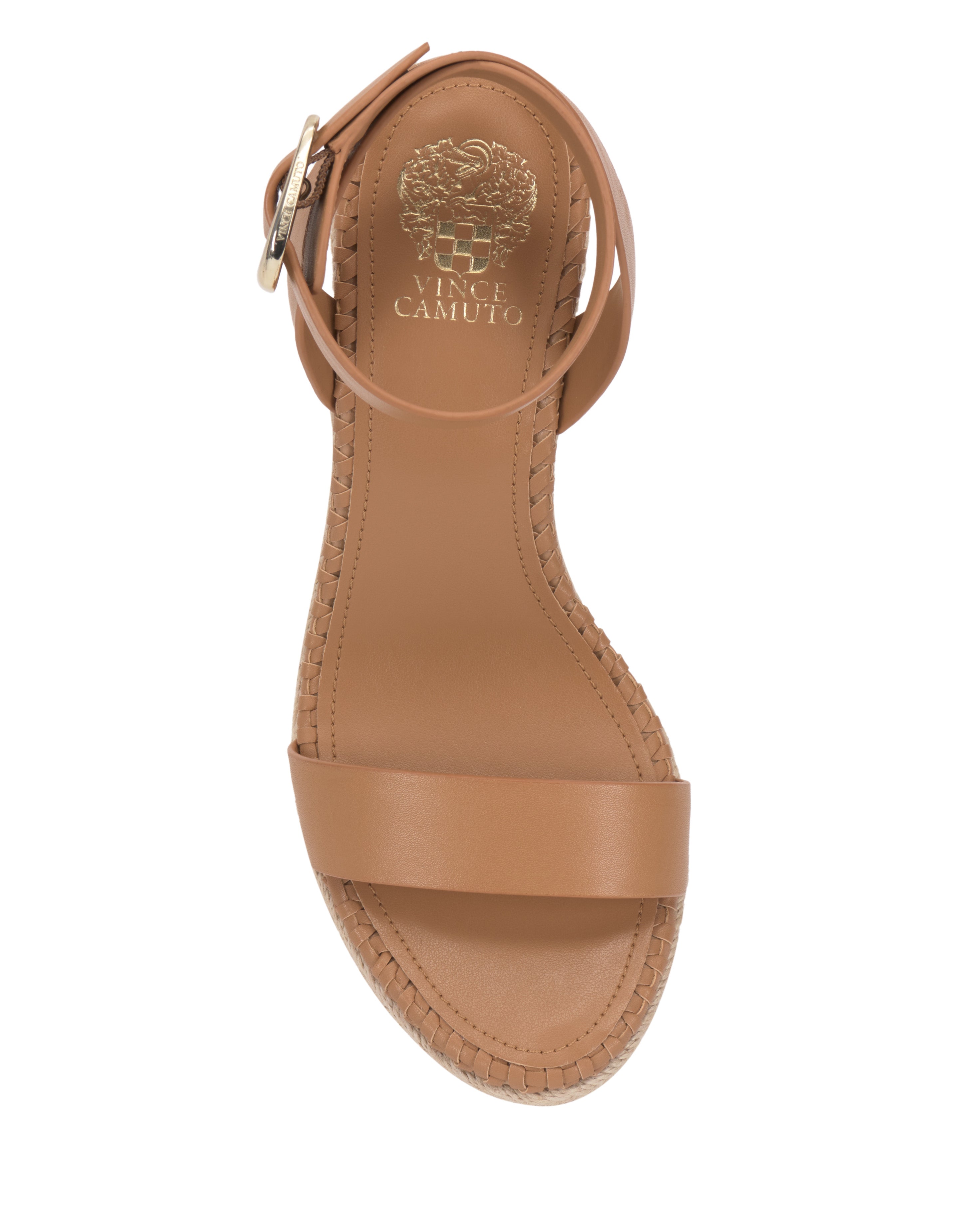 Top view of the tan Vince Camuto Fainel Espadrille Wedge Sandal featuring a strappy upper, single toe strap, bold ankle buckle, woven edge detail on the sole, and visible brand logo on the footbed.