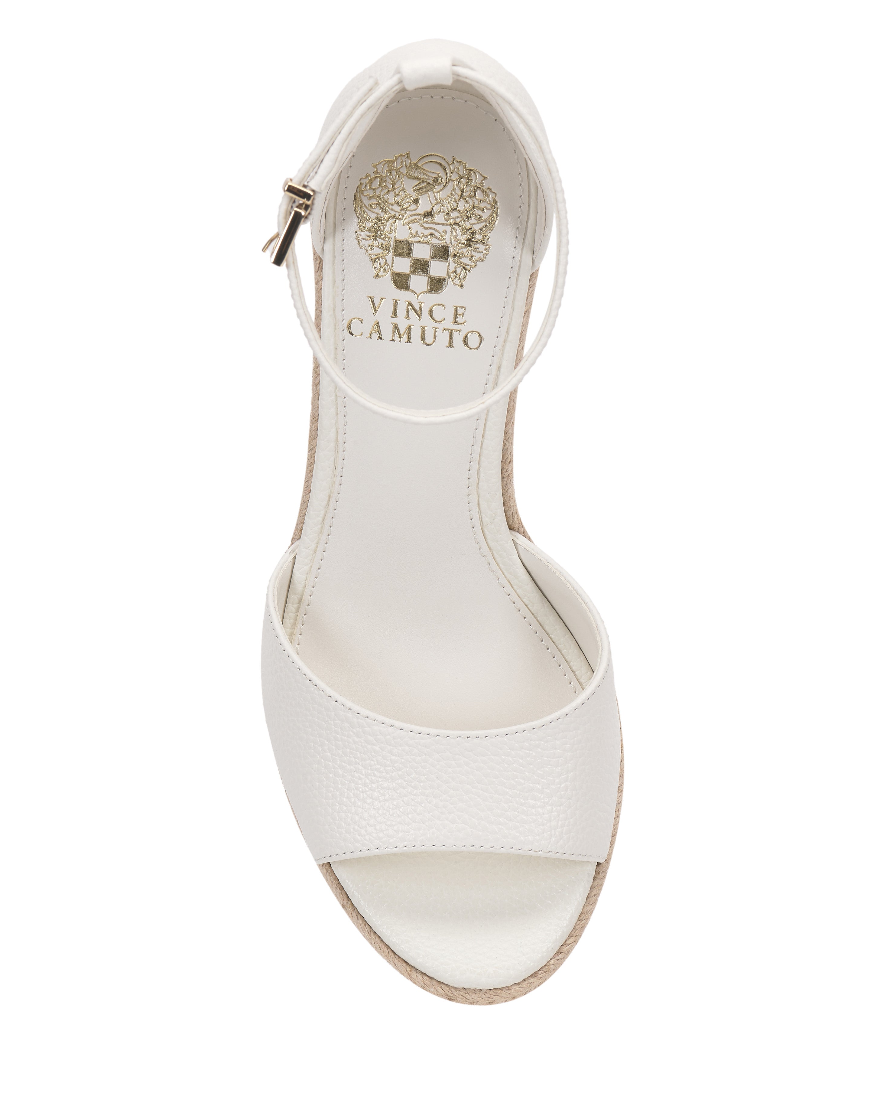 Top view of the Vince Camuto Felyn Espadrille Wedge Sandal in white, featuring an open toe, ankle strap with buckle, textured front strap, smooth footbed with gold Vince Camuto logo, and a stylish espadrille heel.