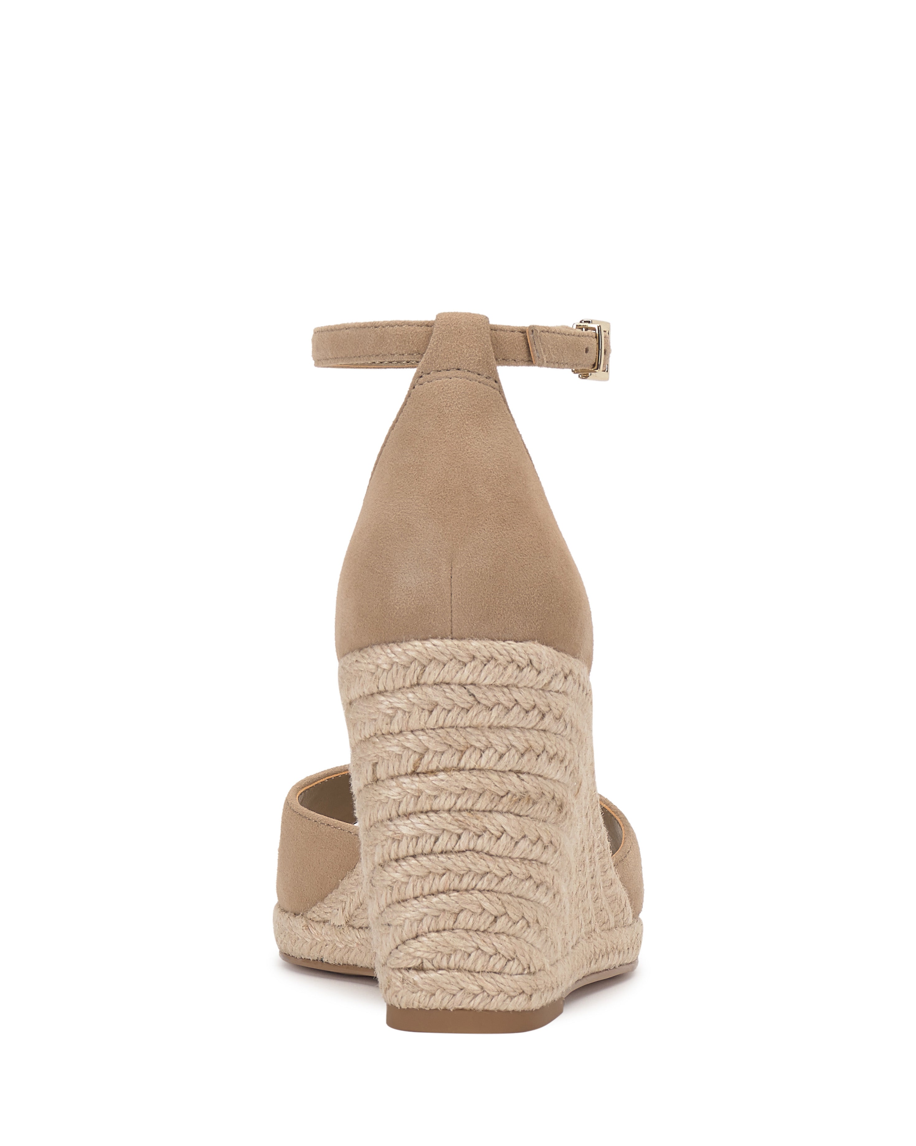 The Vince Camuto Felyn Espadrille Wedge Sandal is shown from the back, highlighting its braided rope espadrille heel, closed heel counter, and ankle strap with small buckle.