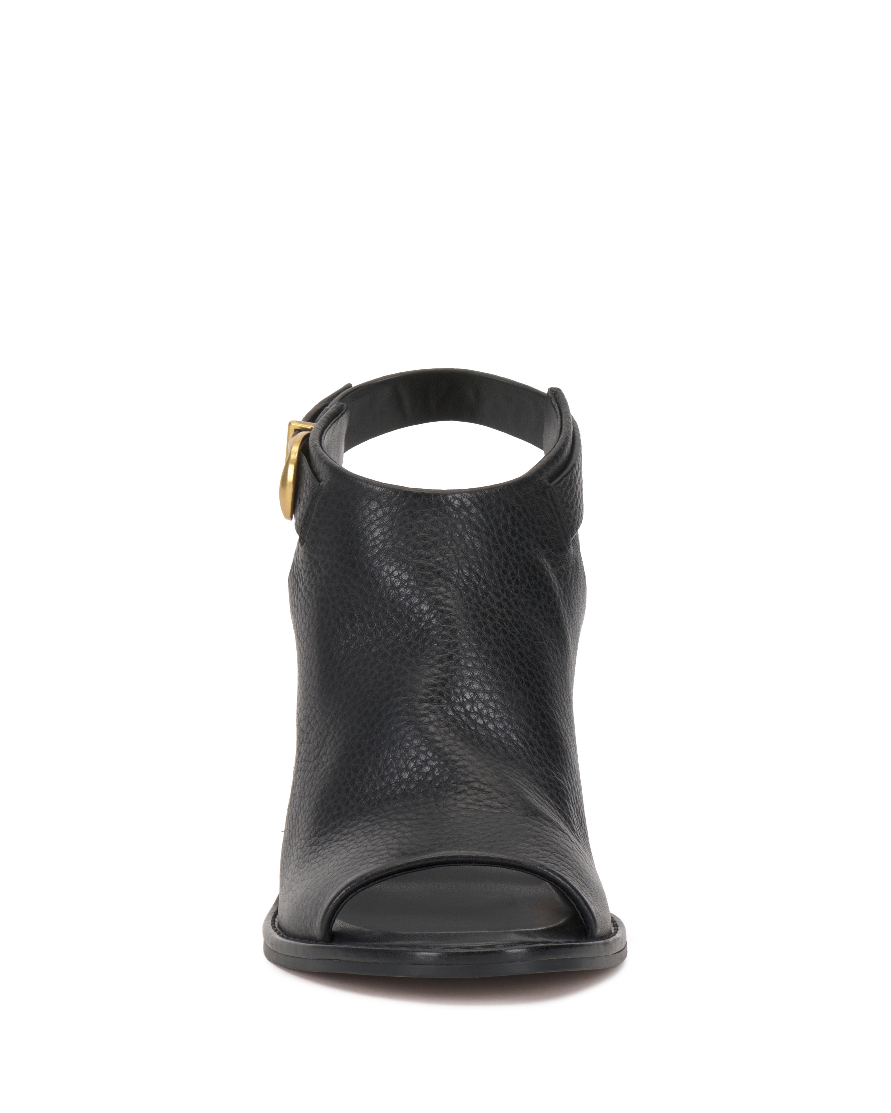 Front view of the Vince Camuto Fezisha Sandal in black textured leather, showcasing a peep toe, smooth sole, ankle strap with side buckle, and a sleek, minimalist design.