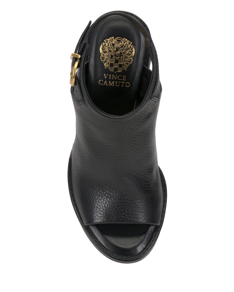 Top view of the Fezisha Sandal by Vince Camuto, a black open-toe leather design with a gold buckle and the Vince Camuto logo printed in gold on the insole.