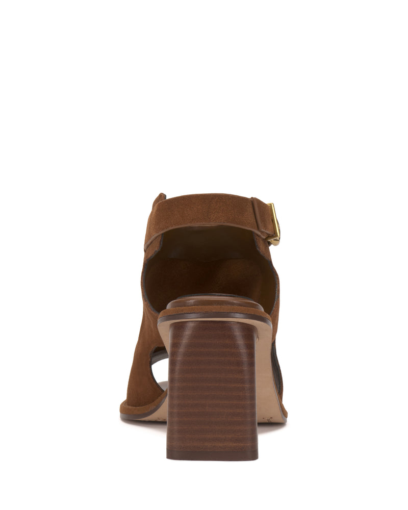 Back view of the Vince Camuto Fezisha Sandal in brown suede, featuring open toe, stacked block heel, ankle strap with side buckle, and cutout side details.
