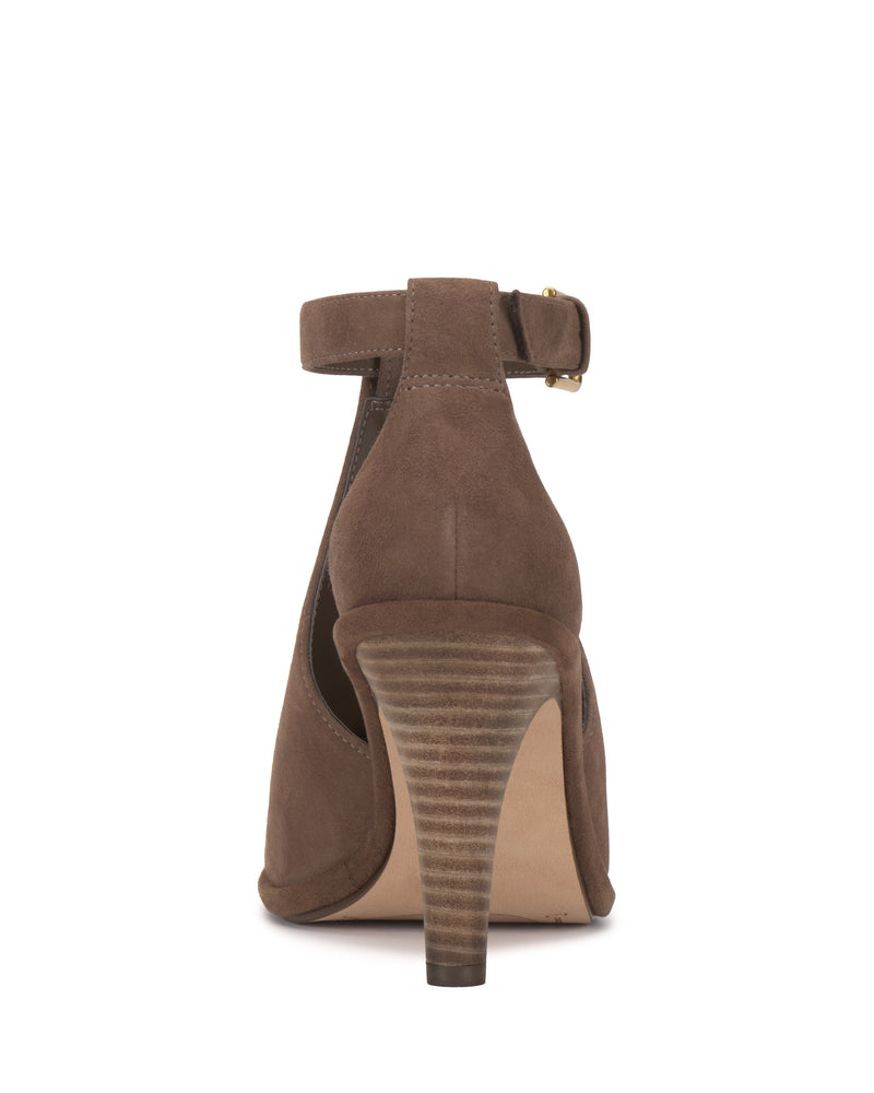 The Vince Camuto Frasper Shootie is showcased from the back in brown suede, highlighting its closed heel, ankle strap with buckle closure, and stacked high-heel design. This elegant style also features a cushioned footbed for all-day comfort.
