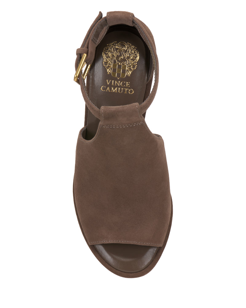 Frasper Shootie by Vince Camuto in brown suede, featuring a peep toe design, gold buckle detail, and the Vince Camuto logo embossed in gold on the cushioned insole for added comfort, viewed from above on a white background.
