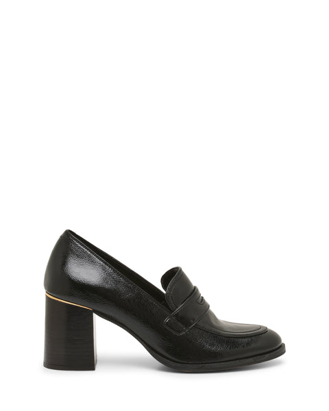 A black, shiny Geanna Pump by Vince Camuto with a rounded toe and chunky block heel, shown in side profile against a plain white background.