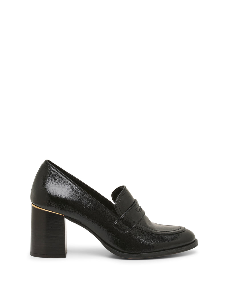 A black, shiny Geanna Pump by Vince Camuto with a rounded toe and chunky block heel, shown in side profile against a plain white background.
