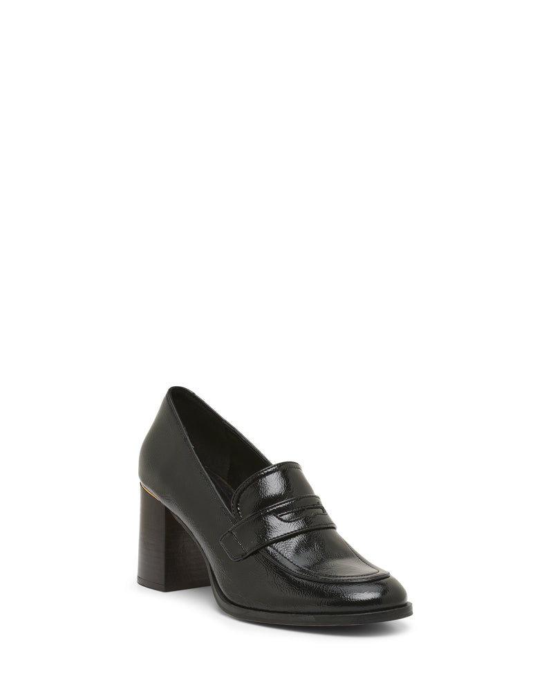 Black leather Geanna Pump by Vince Camuto, featuring a rounded toe, block heel, and penny loafer-style strap detail, displayed on a white background.