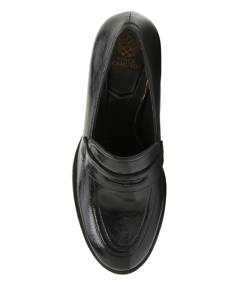 Top view of the Vince Camuto Geanna Pump in black leather, featuring a rounded toe, subtle strap detail across the upper, and a comfortable block heel. The insole is adorned with the Vince Camuto logo in gold.