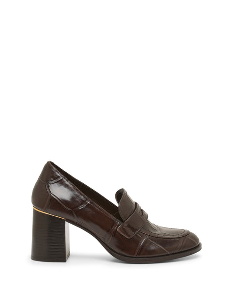 Dark brown leather Geanna Pump by Vince Camuto with a chunky block heel, low vamp, and decorative stitching—this loafer is shown in a side view against a white background.