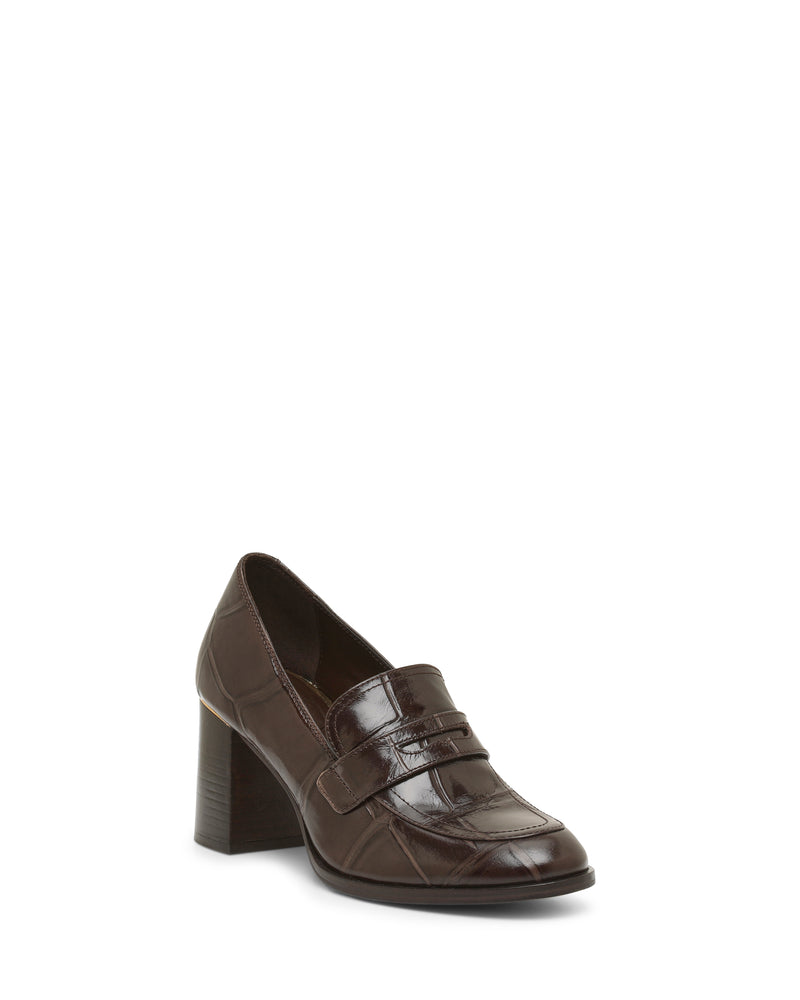 A single brown Vince Camuto Geanna Pump with a chunky block heel and a strap across the front, displayed on a white background.
