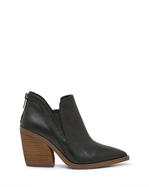 Meet the Gradina Bootie by Vince Camuto: a black leather ankle boot featuring a pointed toe, chunky wooden stacked heel, and back zipper. Shown in profile on a white background, these women’s block-heel booties perfectly blend style and comfort for versatile everyday wear.