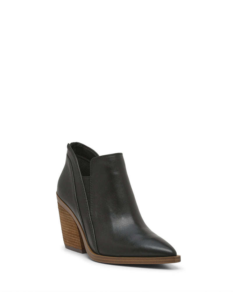 The Vince Camuto Gradina Bootie is a black leather ankle boot featuring a pointed toe, side cutouts, and a stacked brown block heel, displayed on a white background—these chic leather booties for women add effortless style to any look.
