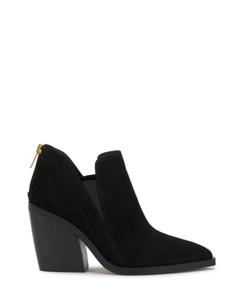 Side view of the Vince Camuto Gradina Bootie in black suede, featuring a pointed toe, thick high heel, and a gold zipper on the back. This boot showcases a sleek, modern design with a smooth, solid black finish.