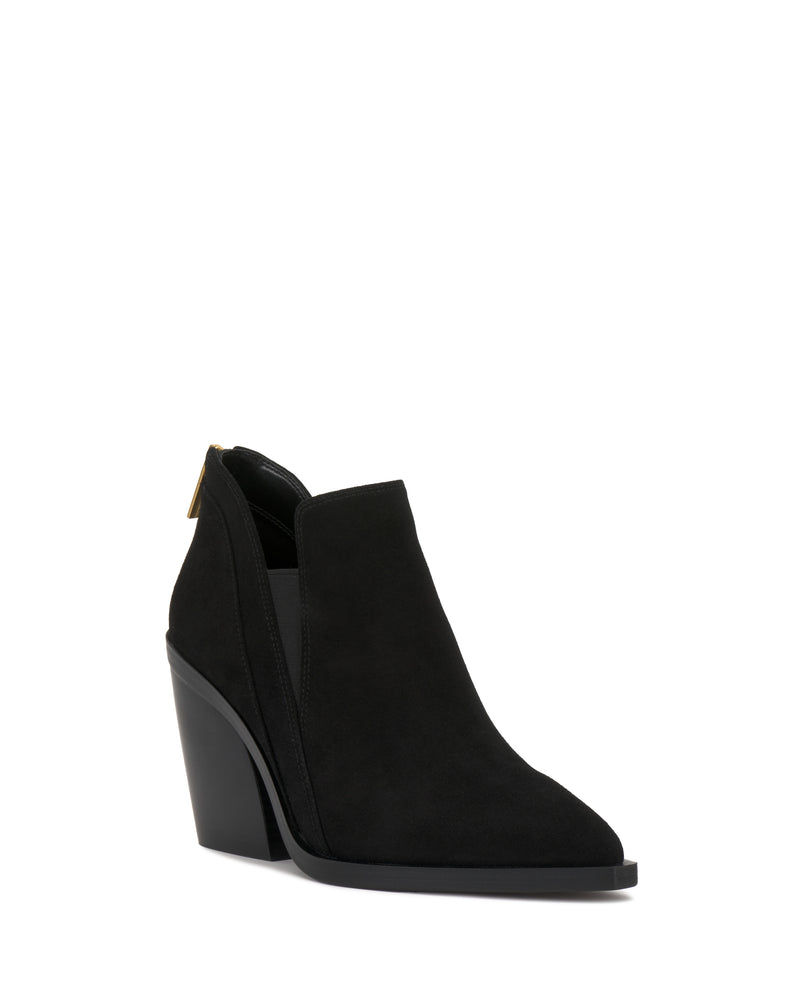 Introducing the Gradina Bootie by Vince Camuto—a sleek black suede ankle boot featuring a pointed toe, chunky angled heel, and a side elastic panel. Its modern design is highlighted by a subtle ankle cutout for added style.