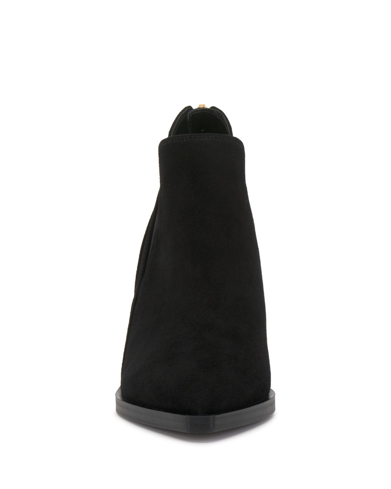 Front view of the Vince Camuto Gradina Bootie in black suede, featuring a rounded toe and flat sole, photographed against a white background.