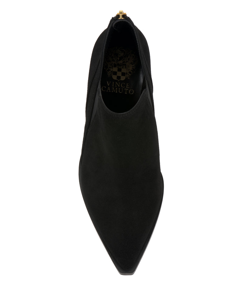 Top view of a single black pointed-toe suede shoe, the Gradina Bootie by Vince Camuto, with the brand name and crest logo visible in gold lettering on the insole.