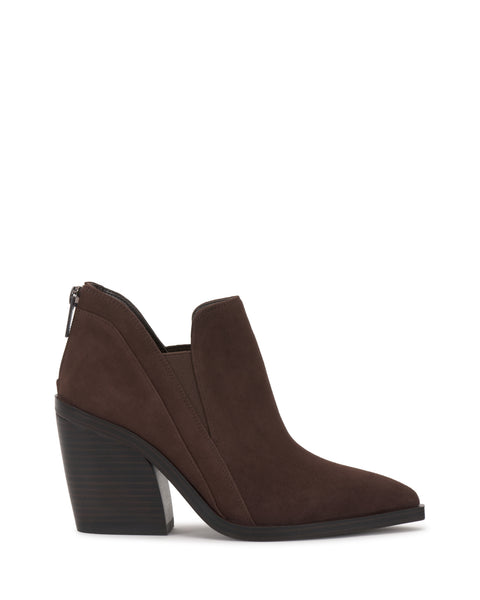 The Gradina Bootie by Vince Camuto is a single dark brown suede ankle boot featuring a pointed toe, block heel, and a back zipper, displayed against a white background.