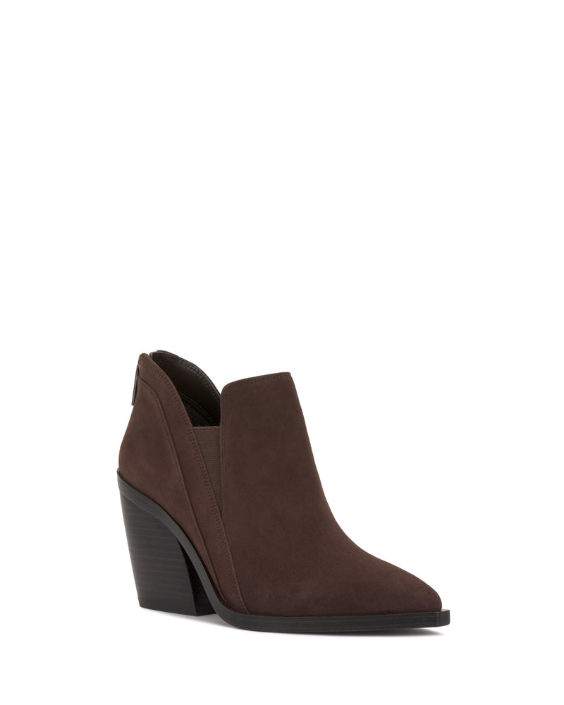 The Vince Camuto Gradina Bootie is a single dark brown suede ankle boot featuring a pointed toe and chunky high heel, displayed on a white background.