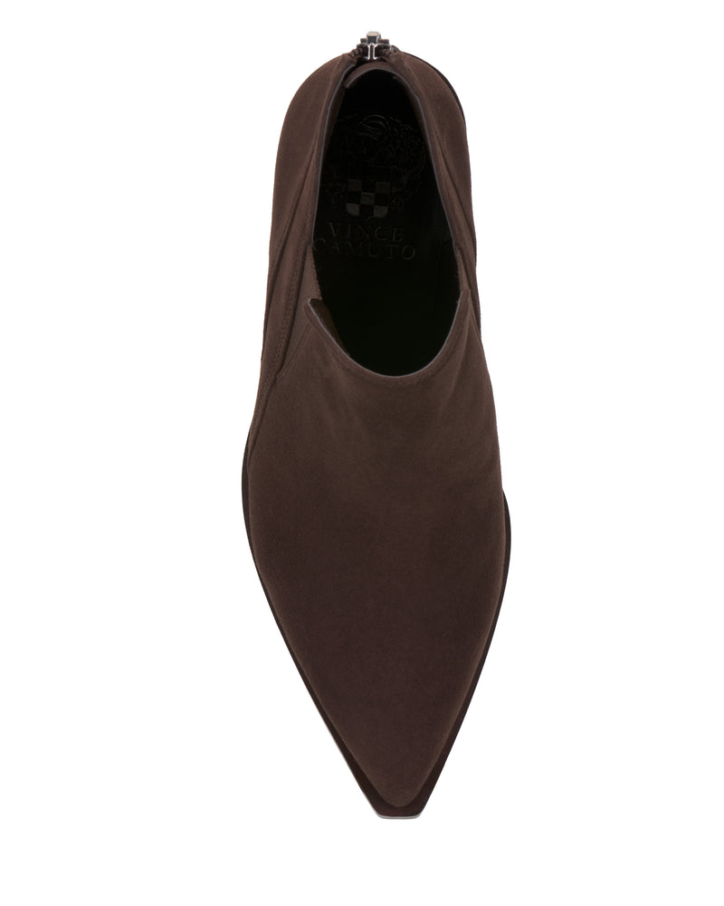 A top view of the Gradina Bootie by Vince Camuto, featuring a brown pointed toe, a smooth surface, and a zipper at the back.