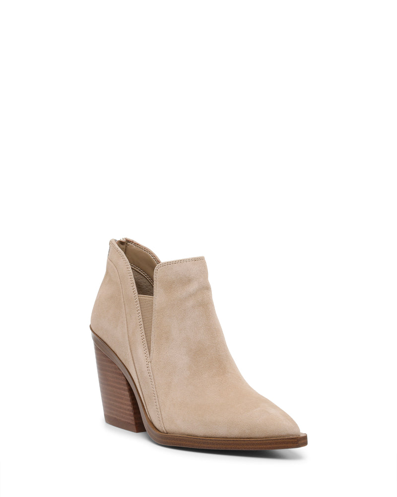 A stylish beige suede ankle boot, the Vince Camuto Gradina Bootie features a high, chunky wooden heel, a pointed toe, and a convenient side zipper—making it an excellent choice among leather booties for women.