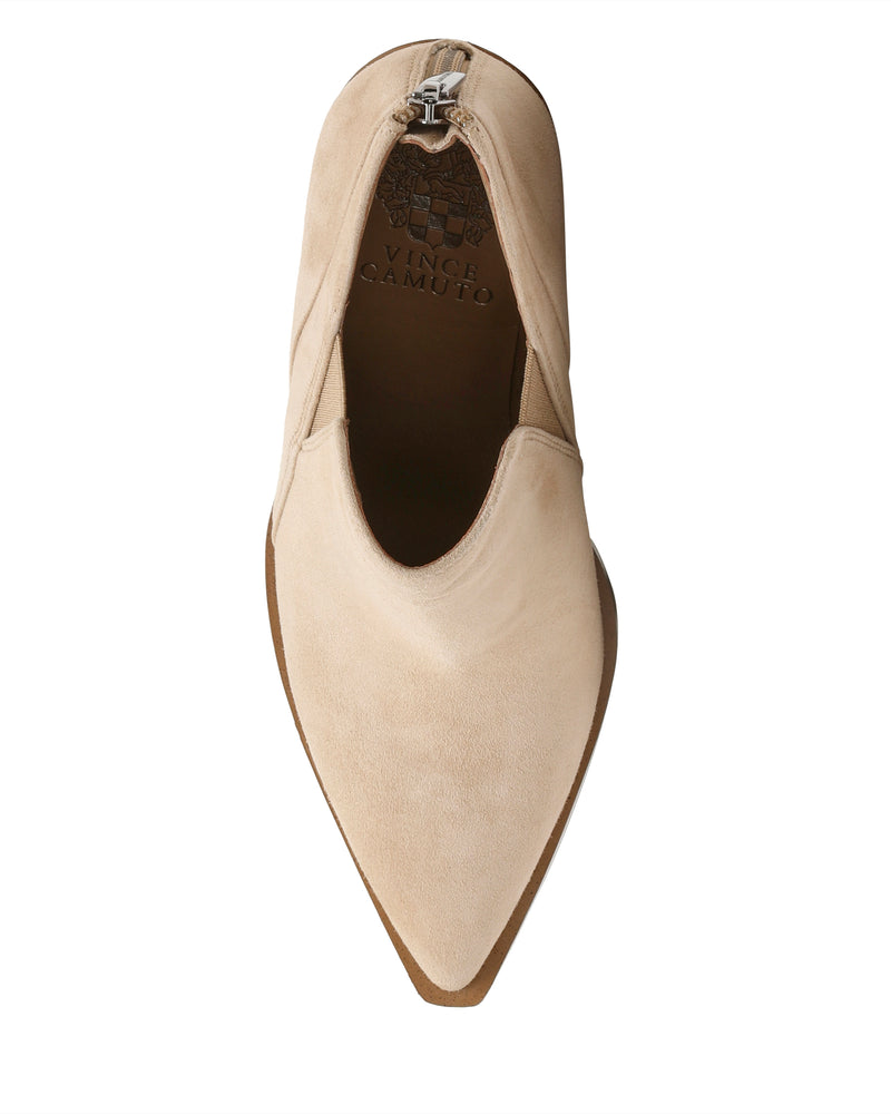 Top view of the Vince Camuto Gradina Bootie in tan suede, featuring a pointed toe, deep V cut at the vamp, and visible Vince Camuto branding on the insole—an ideal choice for those looking for refined leather booties for women.