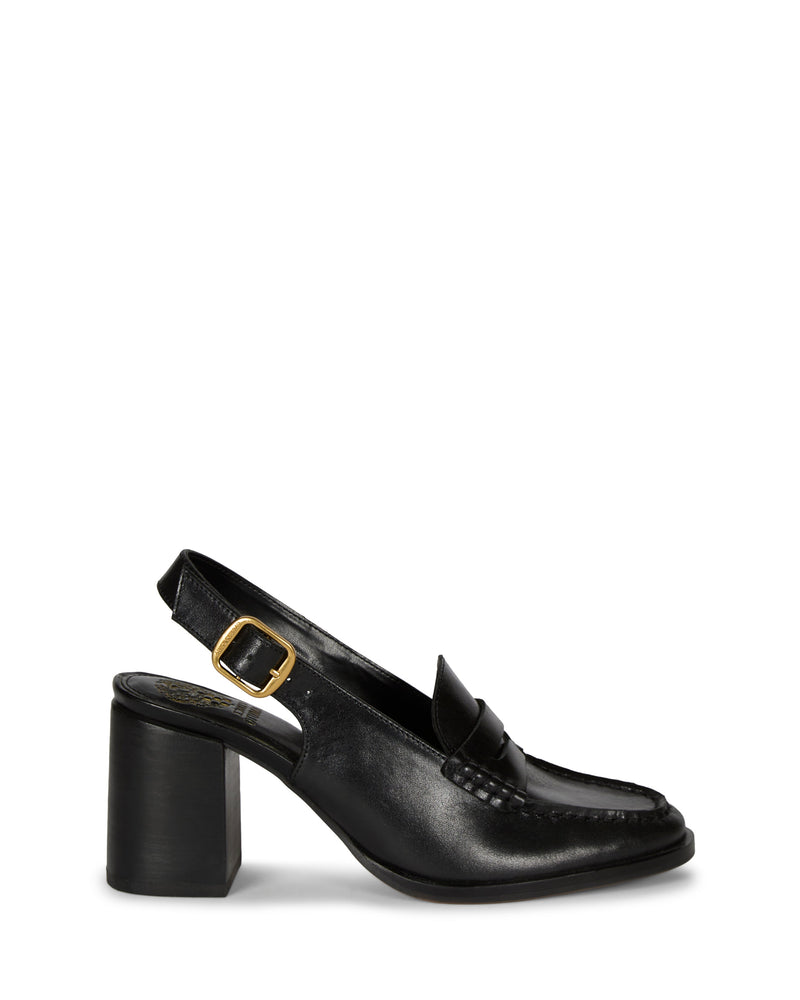 The Vince Camuto Grinie Loafer is a black leather slingback with a chunky block heel, gold buckle on the strap, and loafer-style front detailing, shown in profile against a white background.