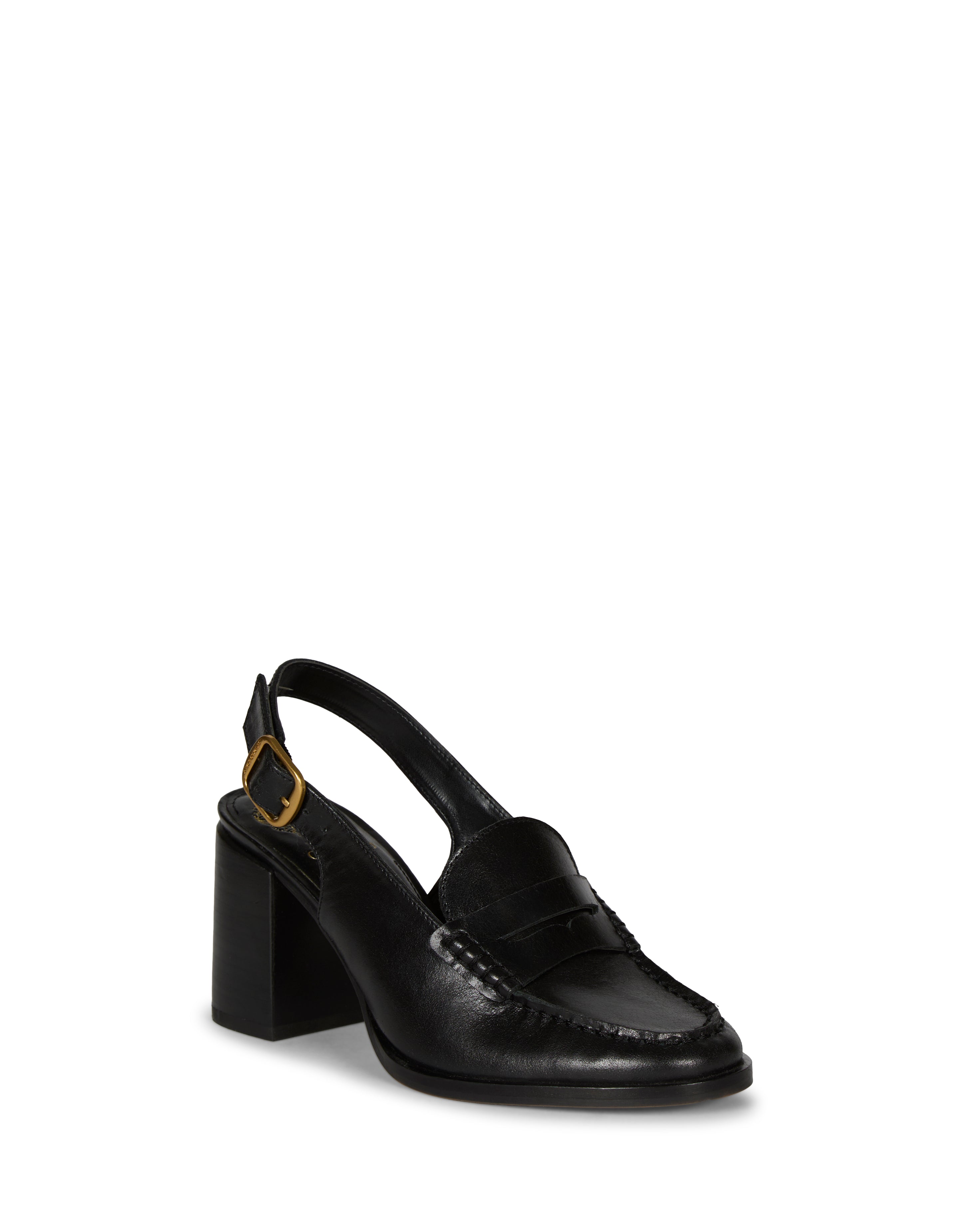 The Grinie Loafer by Vince Camuto features black leather, a chunky block heel, gold buckle on the slingback strap, and visible stitching detail on the toe.