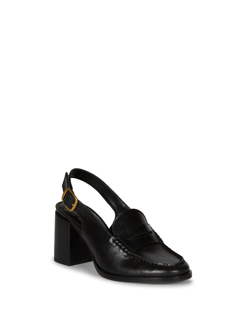 The Grinie Loafer by Vince Camuto features black leather, a chunky block heel, gold buckle on the slingback strap, and visible stitching detail on the toe.