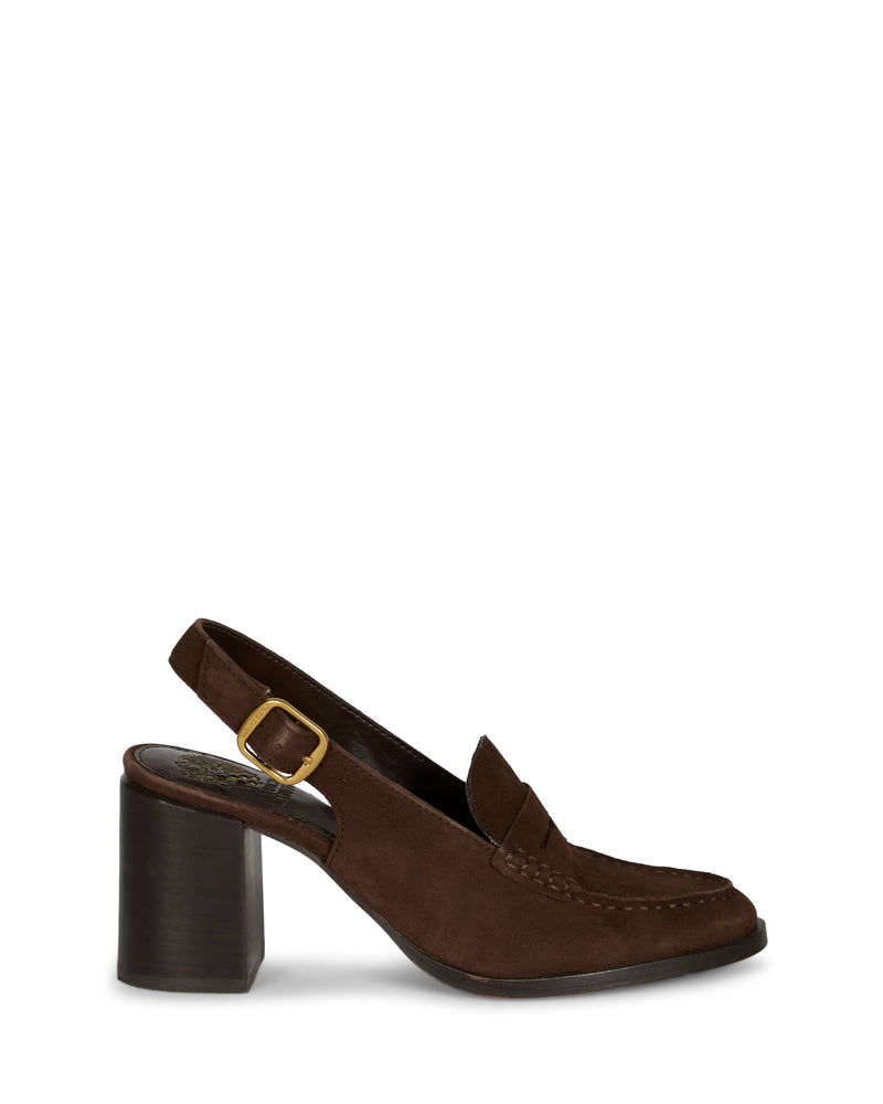 The Vince Camuto Grinie Loafer is a brown suede slingback with a chunky block heel, Penny Keeper strap, gold buckle, and moccasin-style toe stitching, shown in profile on a white background.