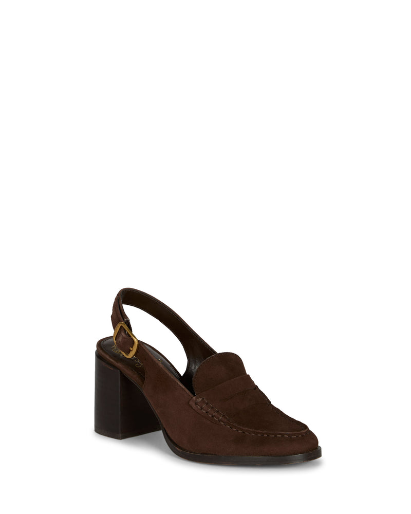The Vince Camuto Grinie Loafer is a brown suede shoe with chunky block heel, closed toe, slingback strap with gold buckle, decorative stitching, and classic penny keeper detail.