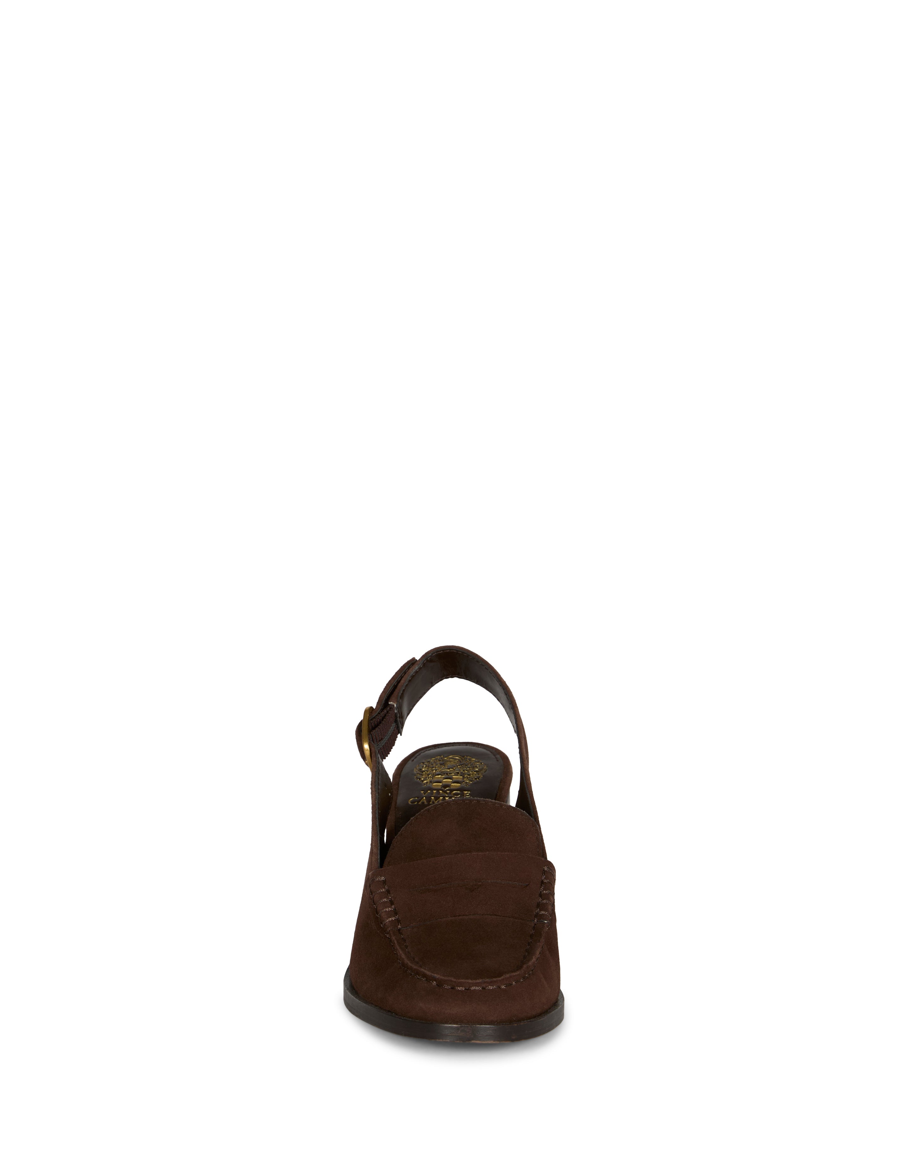 Front view of the Vince Camuto Grinie Loafer in brown suede, featuring a Penny Keeper strap with gold buckle and visible toe and upper stitching, displayed against a white background.