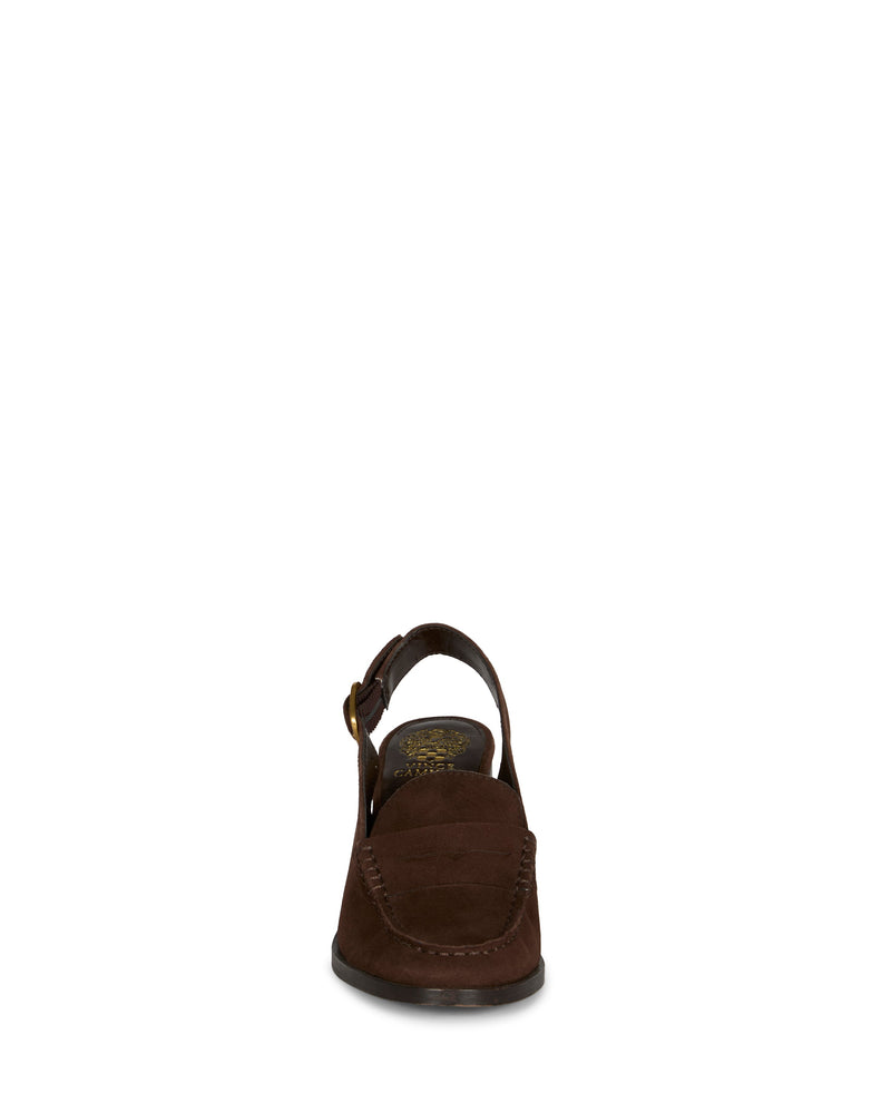 Front view of the Vince Camuto Grinie Loafer in brown suede, featuring a Penny Keeper strap with gold buckle and visible toe and upper stitching, displayed against a white background.
