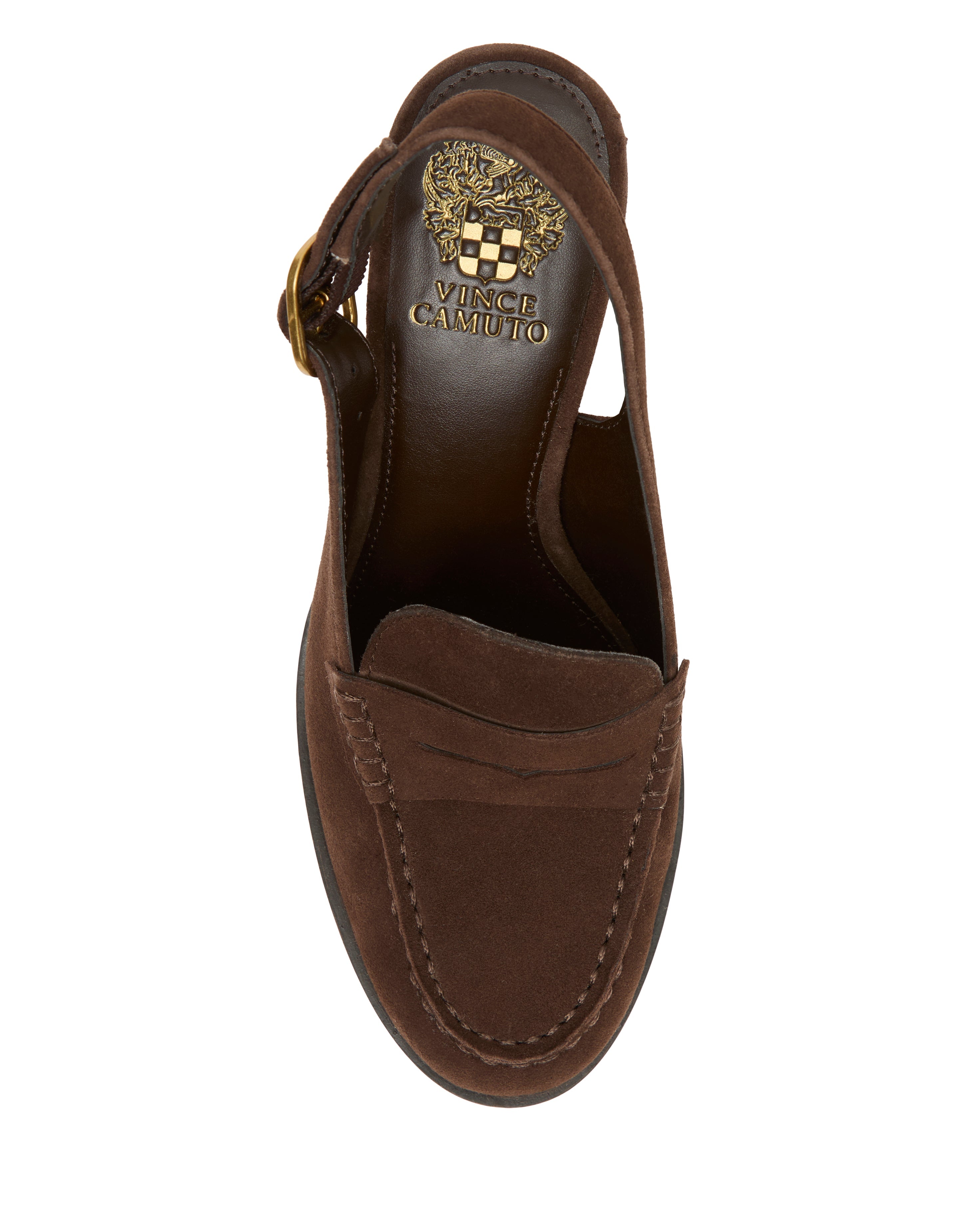Top view of the Vince Camuto Grinie Loafer in brown suede, featuring a chunky block heel, gold side buckle, and "Vince Camuto" logo in gold on the insole.