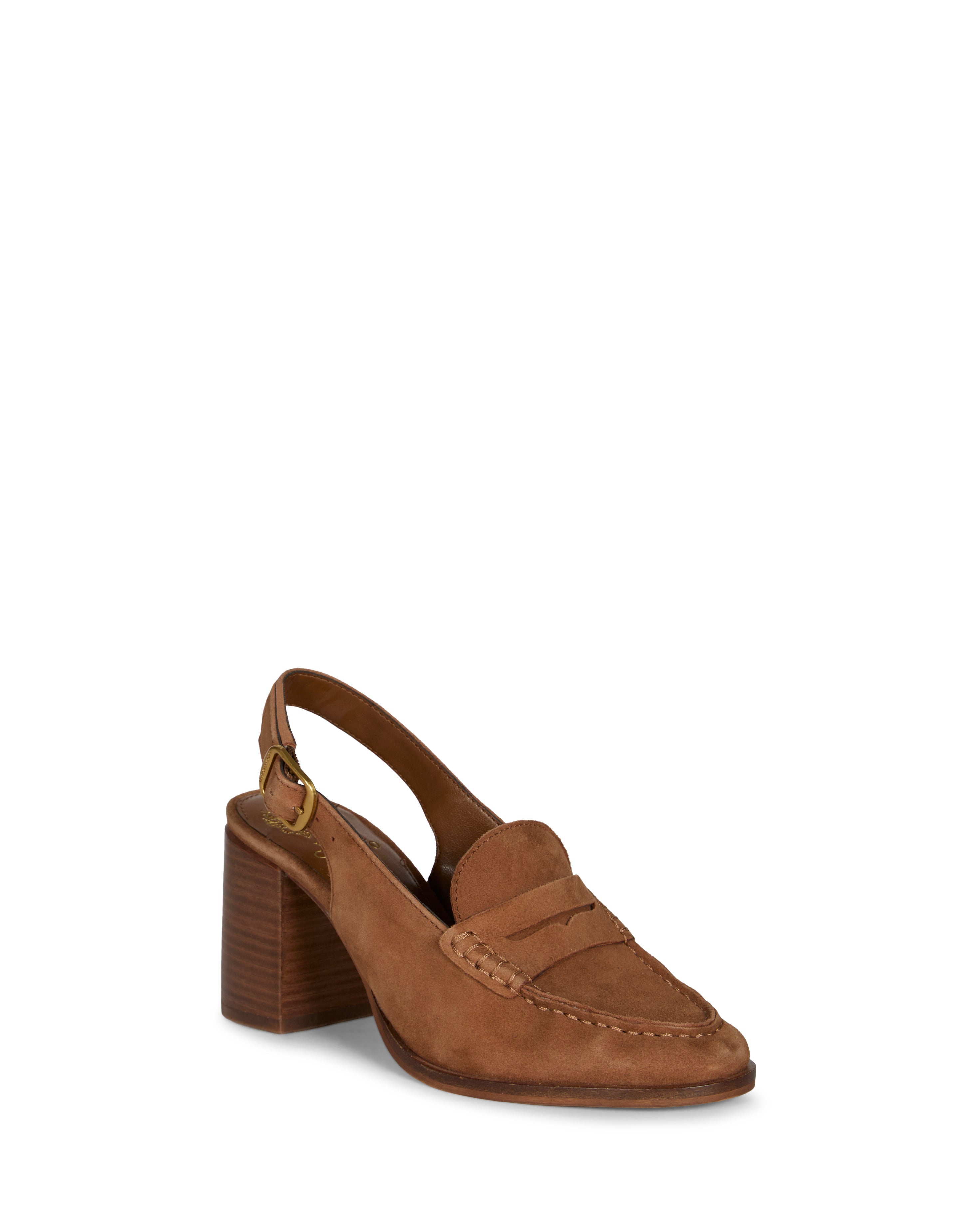 The Vince Camuto Grinie Loafer features brown suede, a slingback strap, chunky stacked block heel, Penny Keeper detail, and moccasin-style toe stitching, shown against a white background.