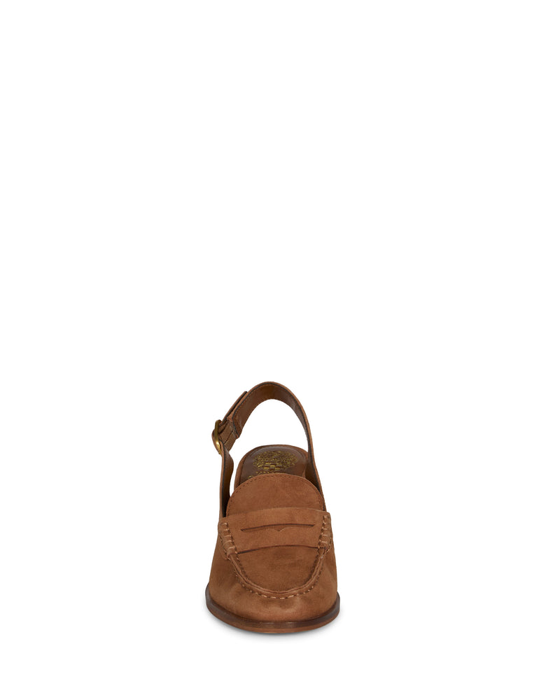 Front view of the Grinie Loafer by Vince Camuto in brown suede, featuring a slingback strap, visible stitching, Penny Keeper strap with side buckle, and closed toe design against a white background.