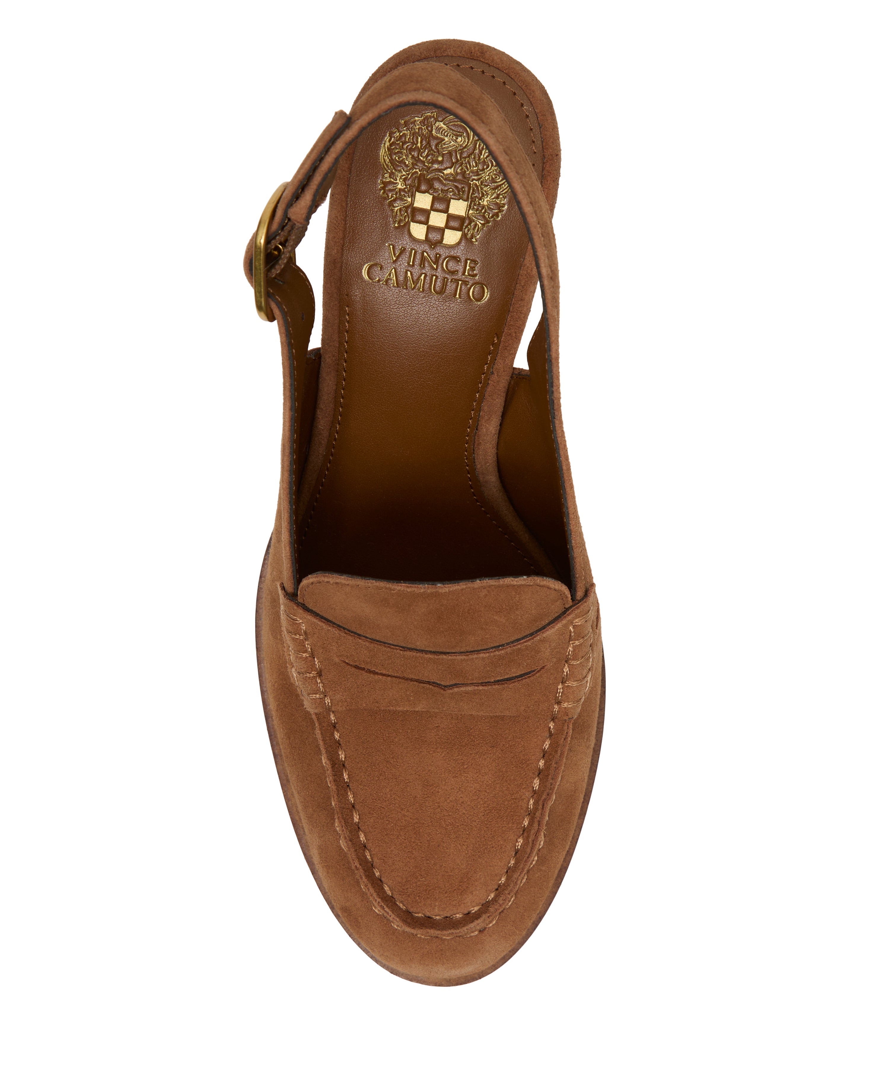 Top view of the Vince Camuto Grinie Loafer, a brown suede women’s loafer with a penny keeper strap and buckle. Gold Vince Camuto branding adorns the insole, while visible stitching enhances the classic yet modern design.