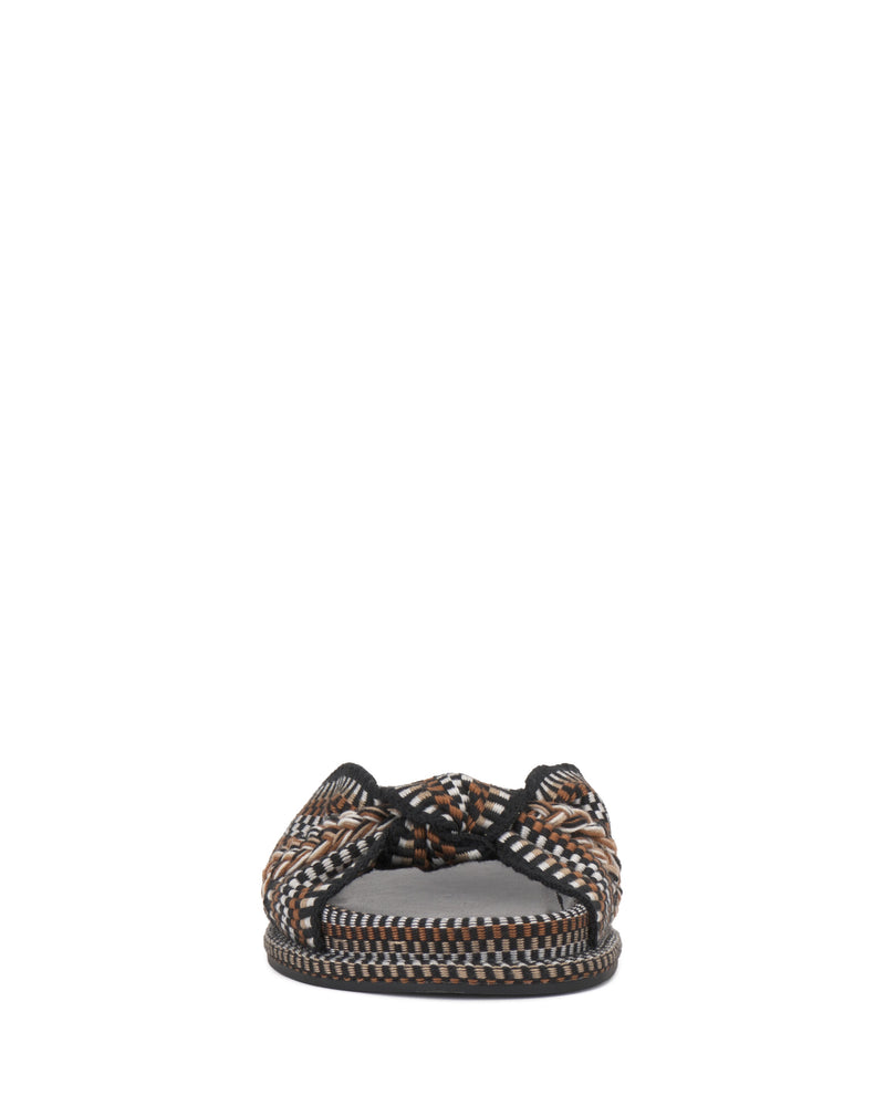 Front view of the Vince Camuto Gryfynn Slide, featuring woven brown, black, and beige braided straps, open toe, and cushioned sole, shown against a plain white background.