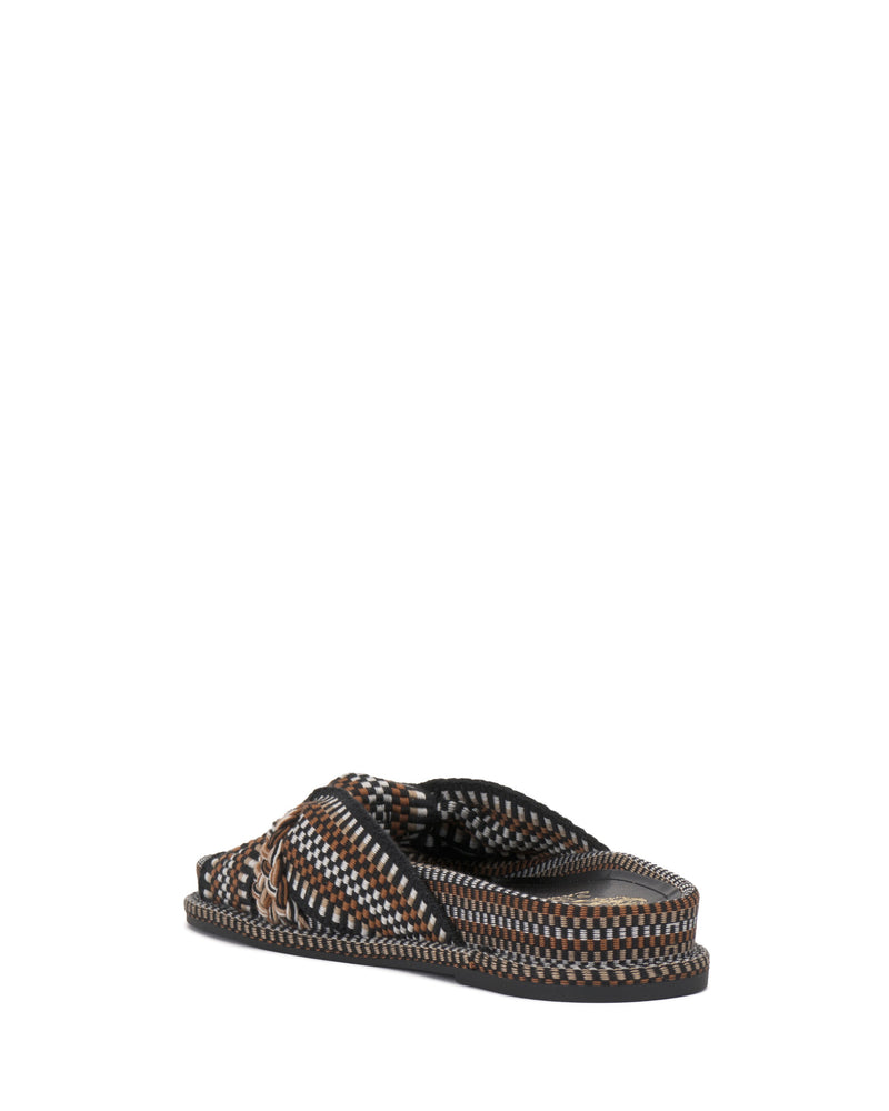 The Vince Camuto Gryfynn Slide is a stylish sandal in black, brown, and beige with crisscross straps and a cushioned sole for comfort, shown on a white background.